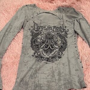 Affliction Light Gray Long Sleeve Top with Graphic